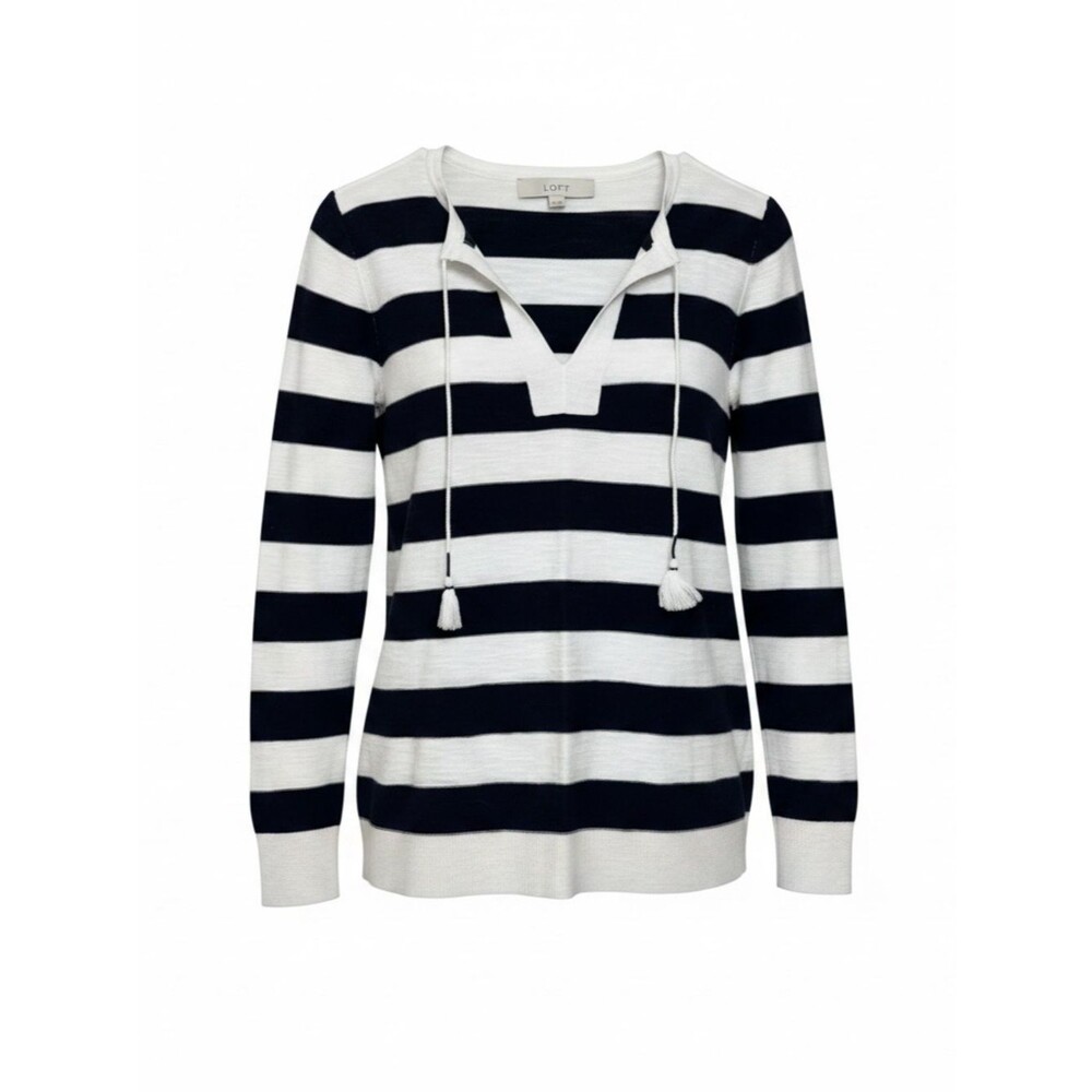 LOFT Blacn & White Striped V-Neck Tie-Front Sweater 100% Cotton - Small